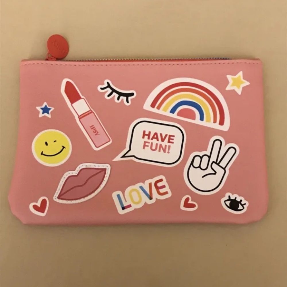 Ipsy Glam Bag June 2021 Makeup Zip Case Pink "Stickers" Have Fun! Love Rainbow